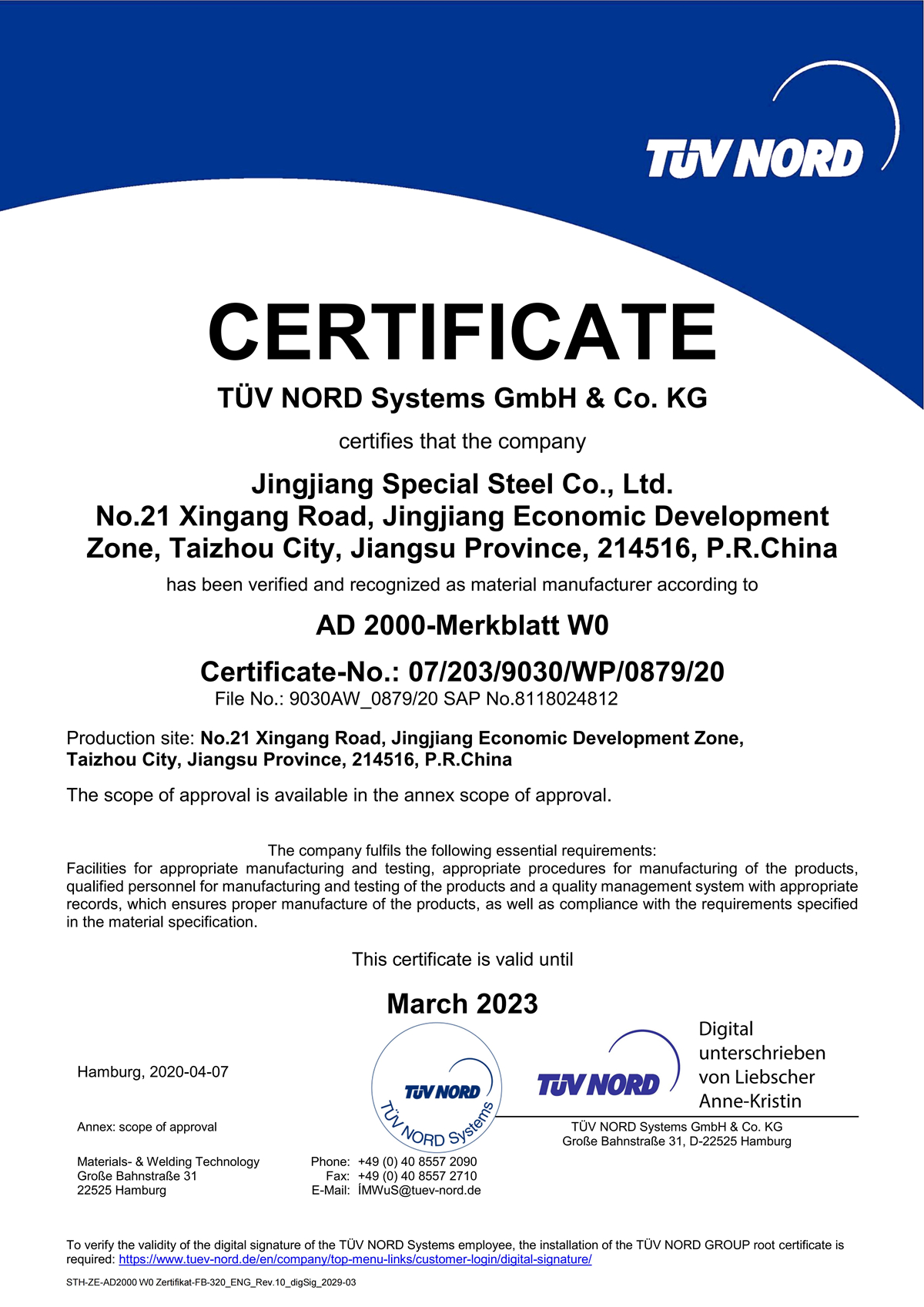 AD 2000 CERTIFICATE