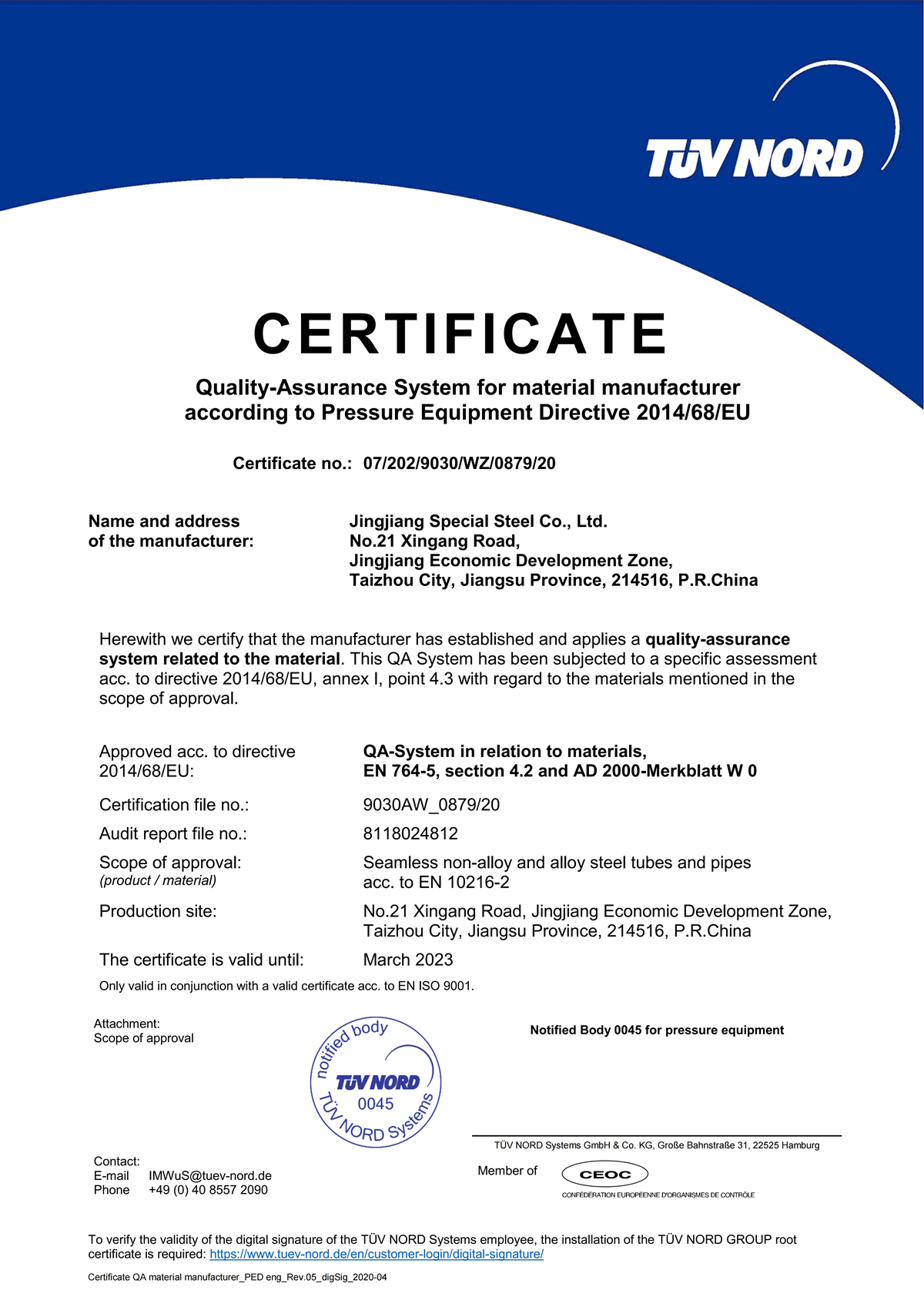 PED CERTIFICATE